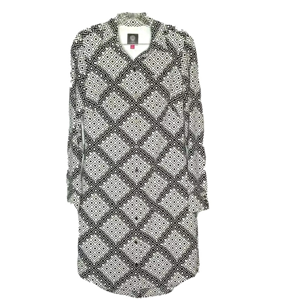 Vince Camuto Geometric Black White Lined Button Down Shirt Dress Women’s Sz 12